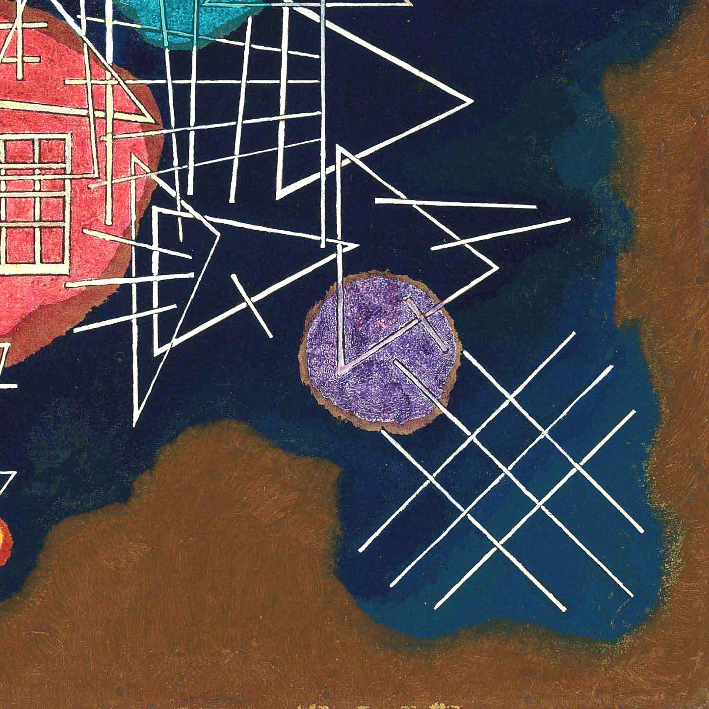 Abstract artwork with geometric shapes and lines on a dark blue background