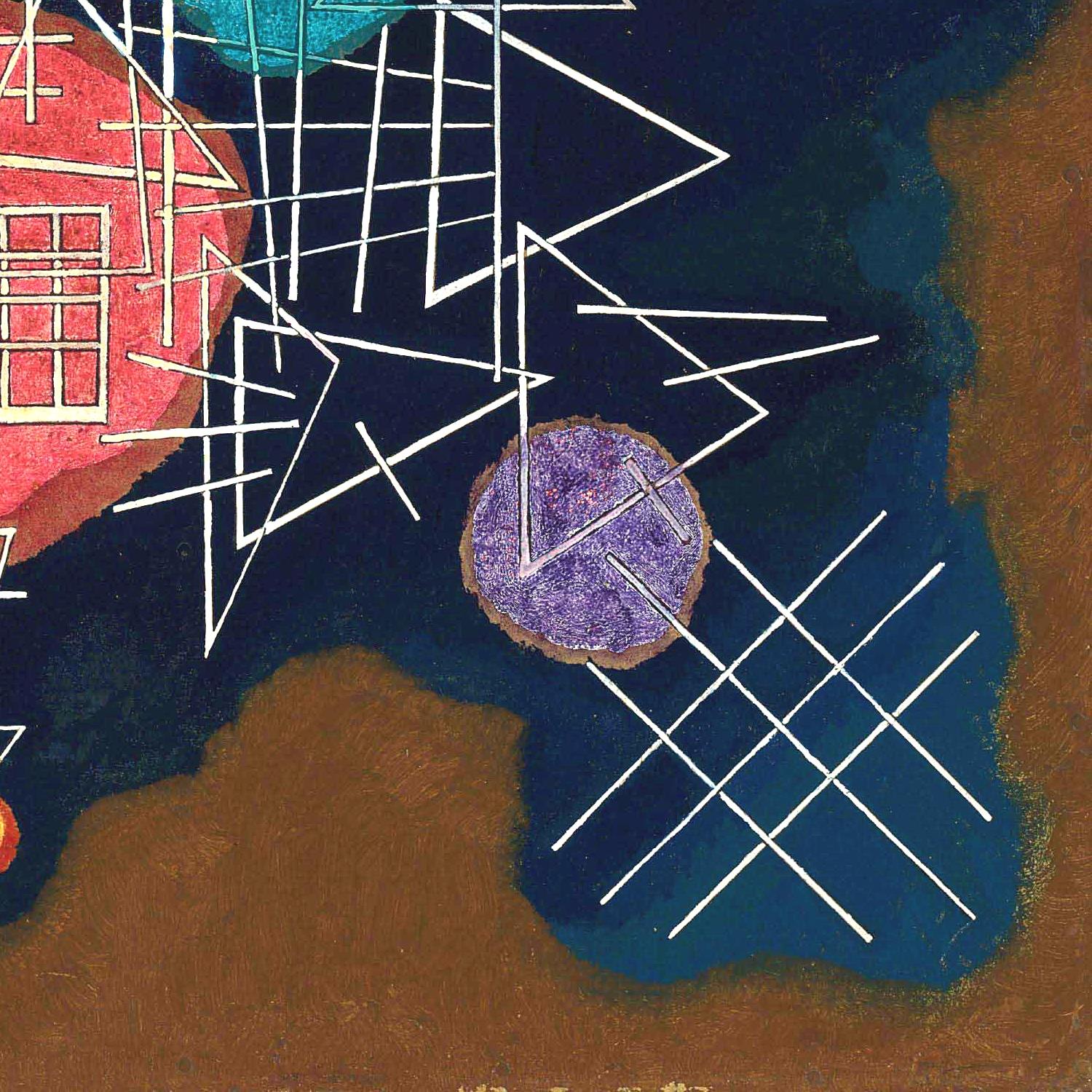 Abstract artwork with geometric shapes and lines on a dark blue background