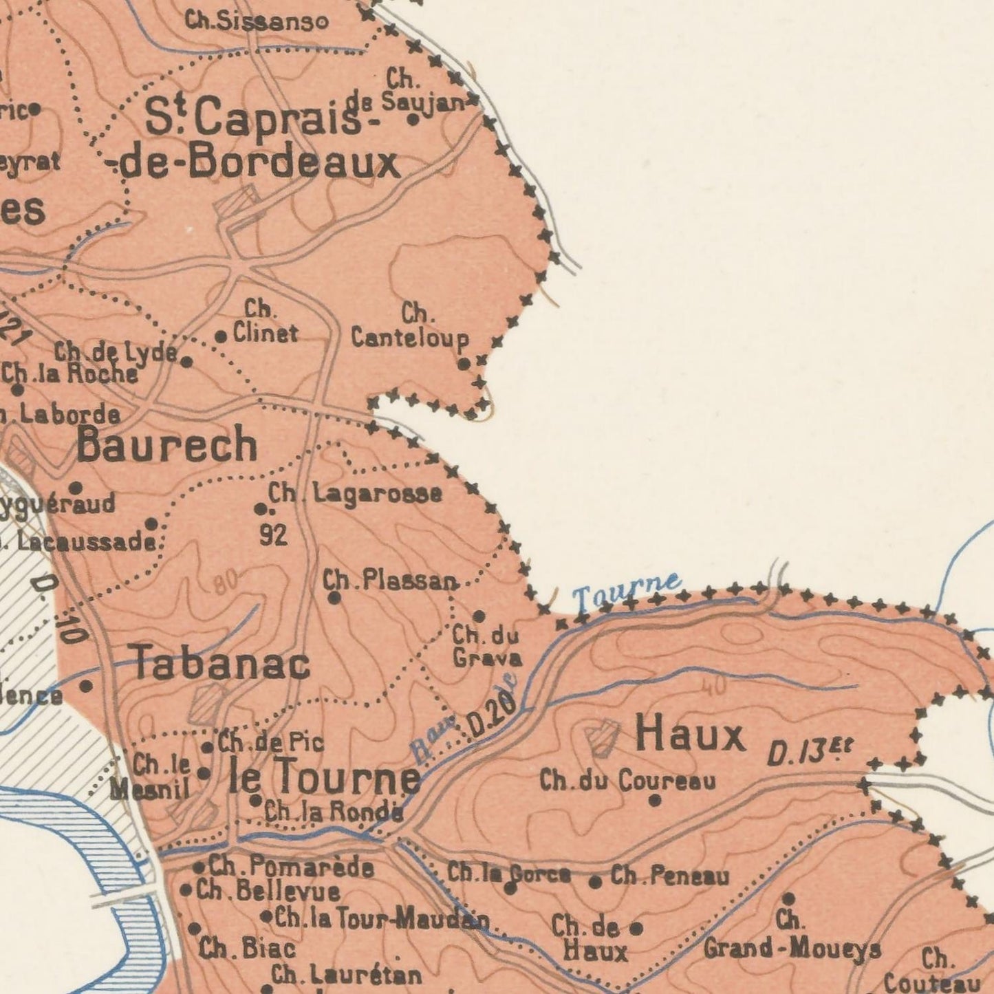 Vintage map of a region with labeled places and topographic details