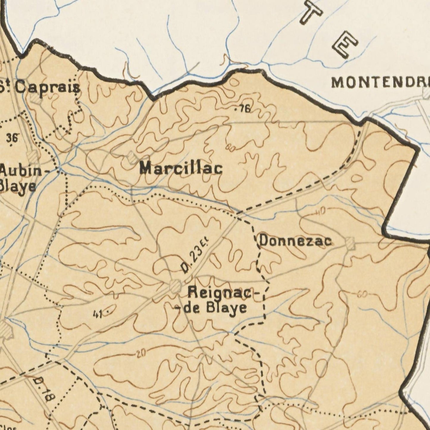 Vintage map of a region with labeled places including Marcillac, Donnezac, and Reignac-de-Blaye.