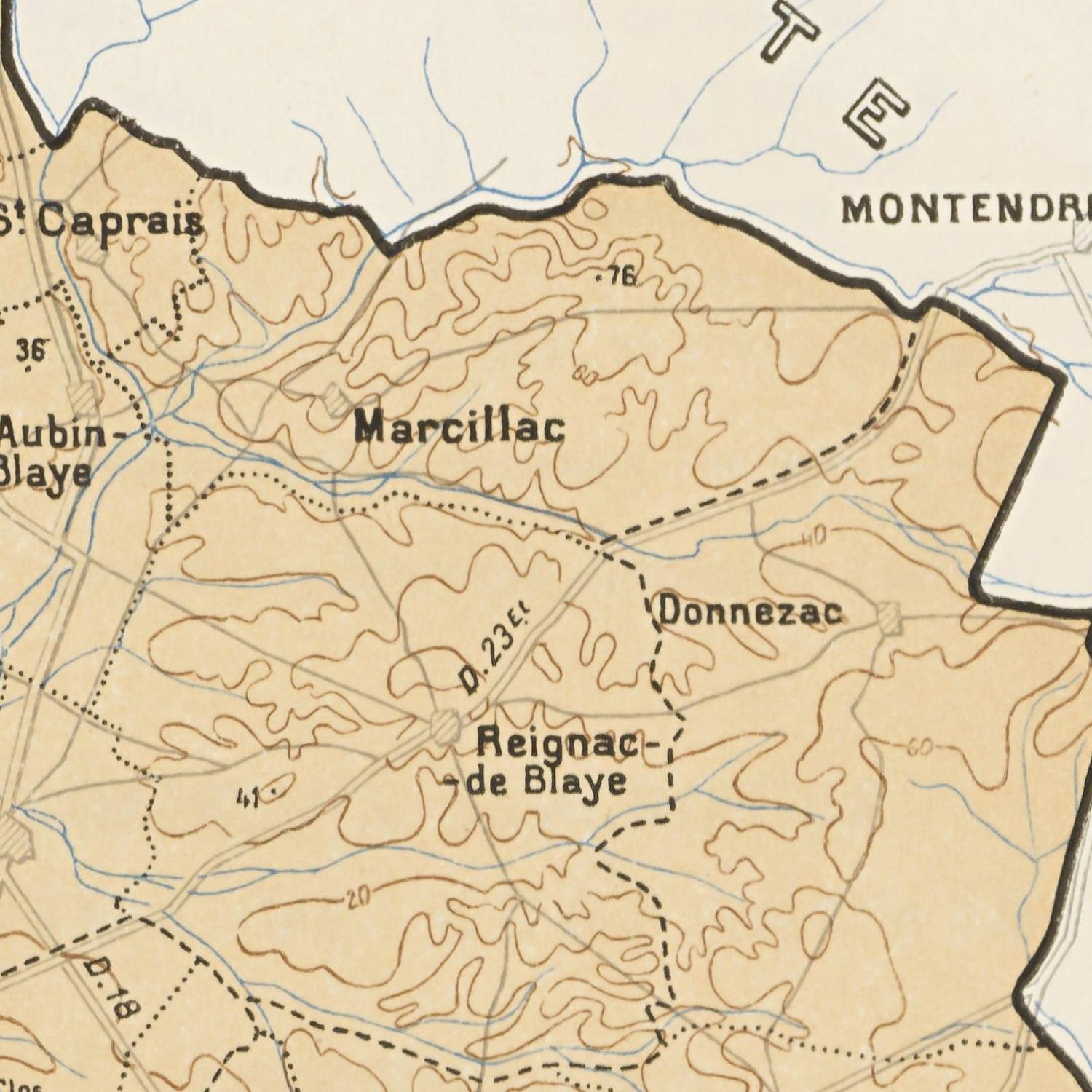 Vintage map of a region with labeled places including Marcillac, Donnezac, and Reignac-de-Blaye.