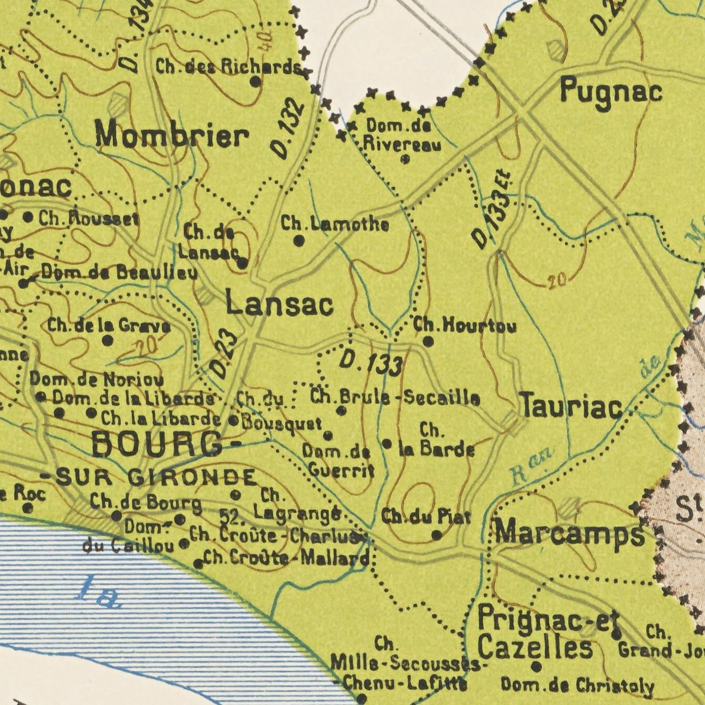Map of a region with various place names labeled on a green background
