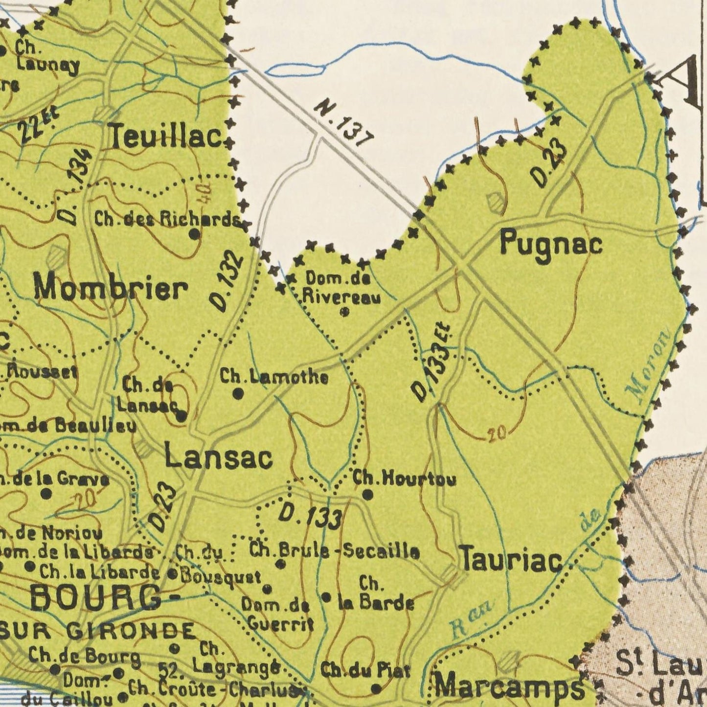 Vintage map of a region with labeled places and roads on a green background