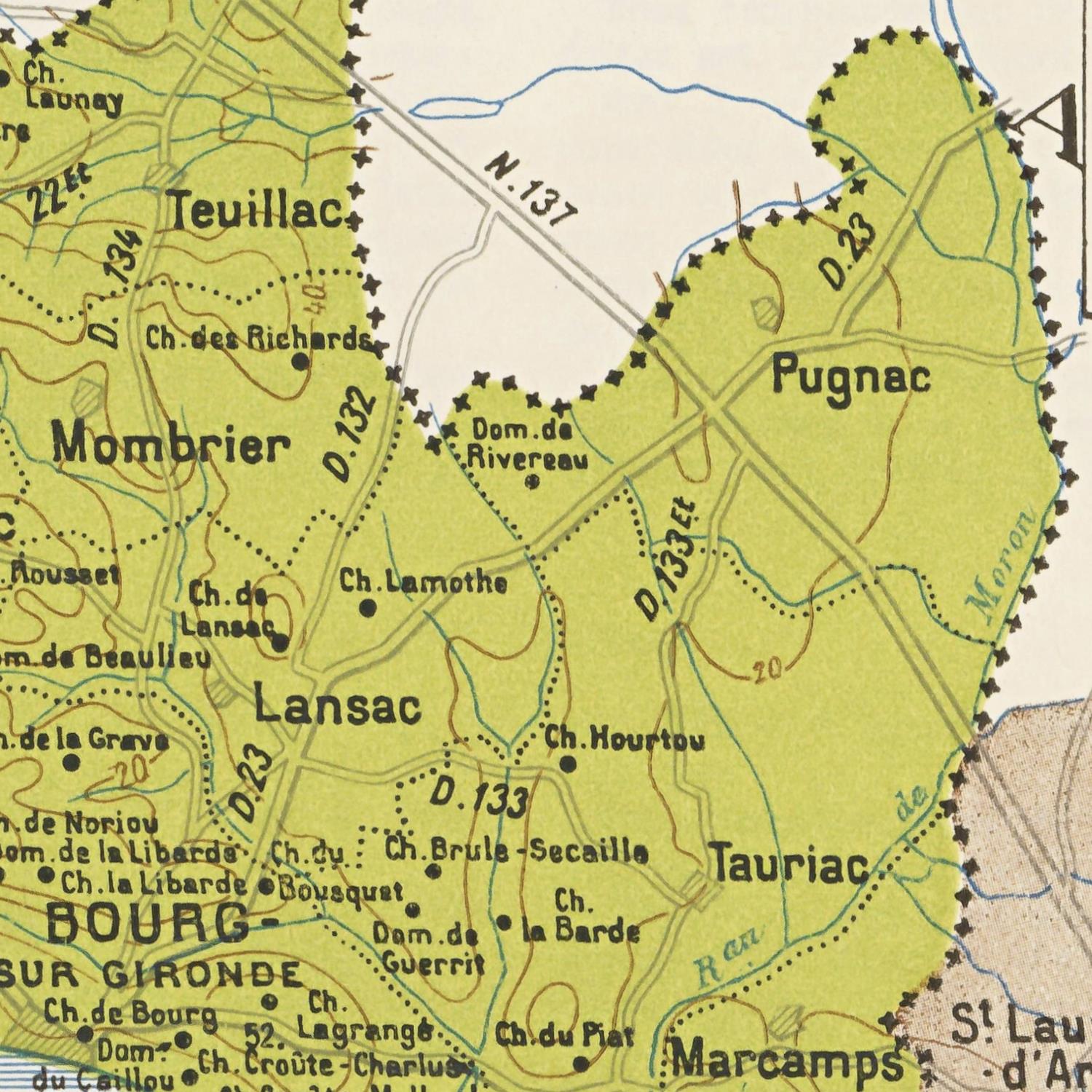 Vintage map of a region with labeled places and roads on a green background