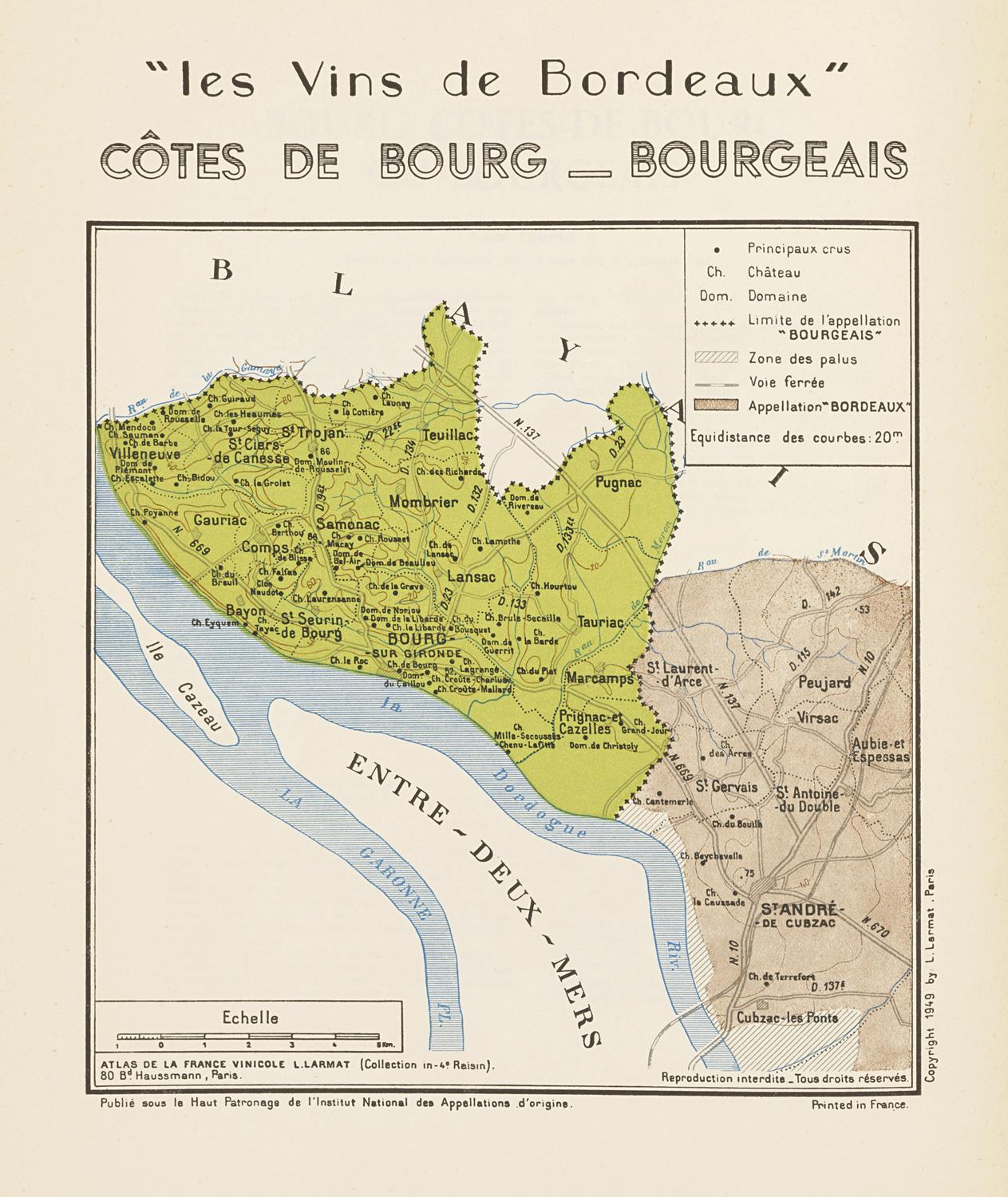 Vintage map of Bordeaux wine regions with green and brown color scheme
