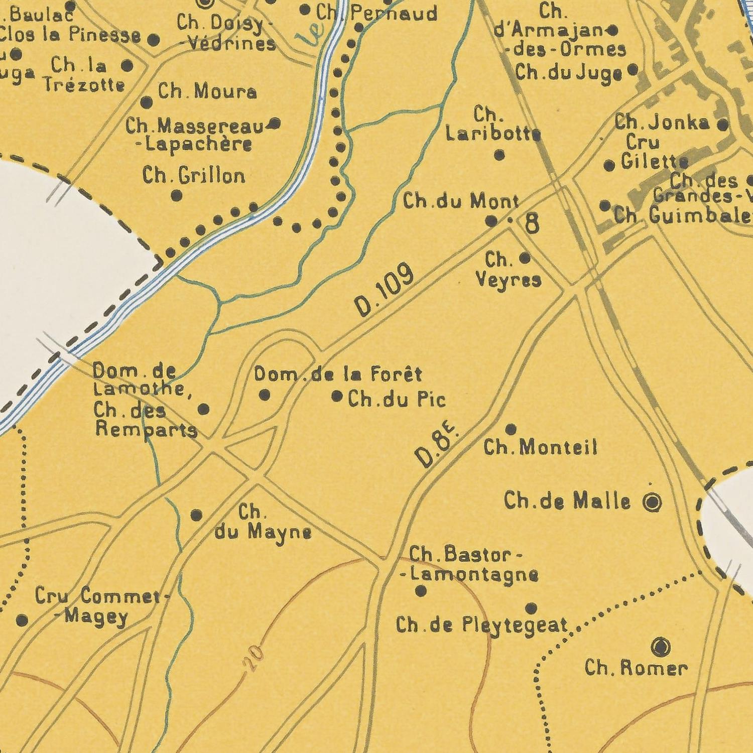 Vintage map with labeled roads and landmarks on a yellow background