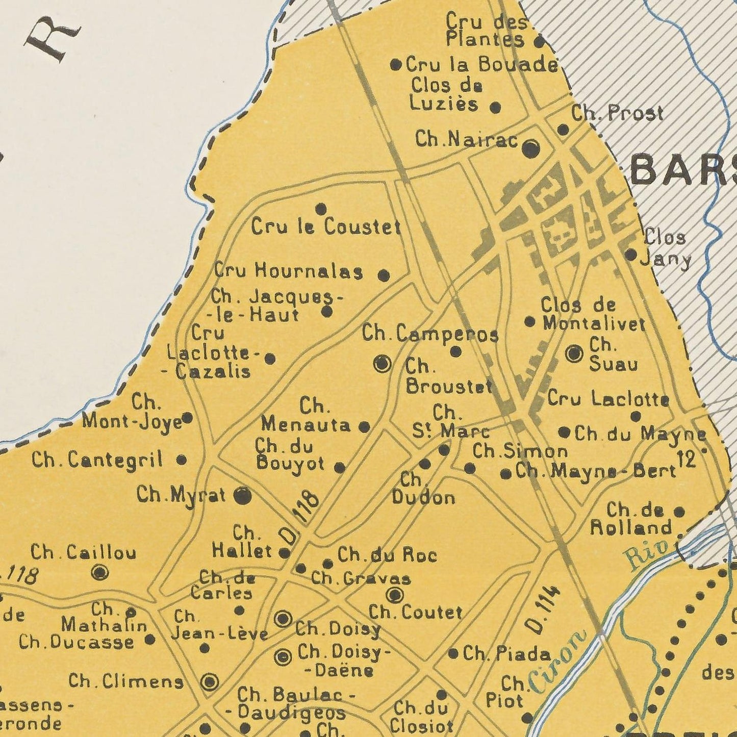 Vintage map of a region with various place names labeled