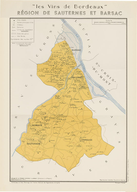 Map of the Sauternes and Barsac regions in Bordeaux, France, with yellow coloring on a white background.