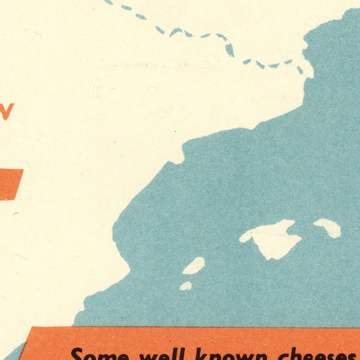 Map of the Caribbean with a focus on a specific island, featuring a red arrow and text about well-known cheeses.