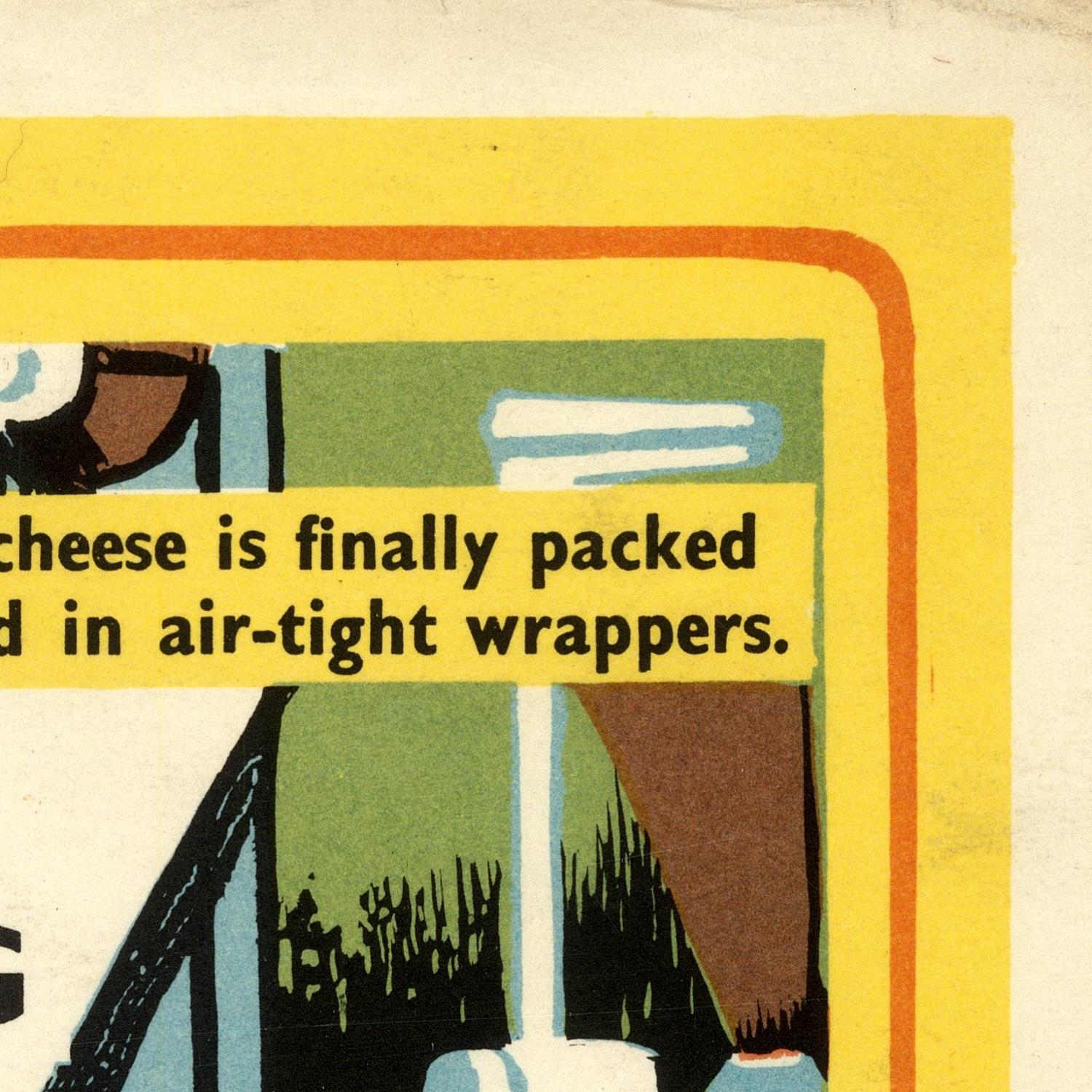 Illustration of a cheese packaging scene with text about air-tight wrappers.