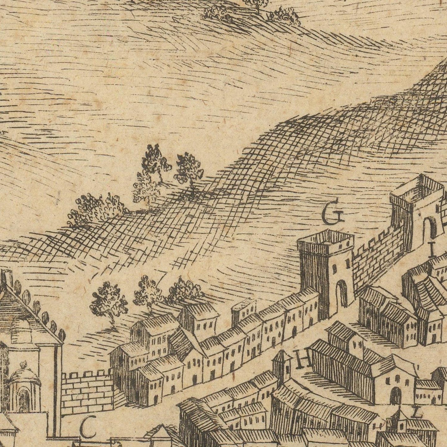 Vintage illustration of a town with buildings and a hill in the background
