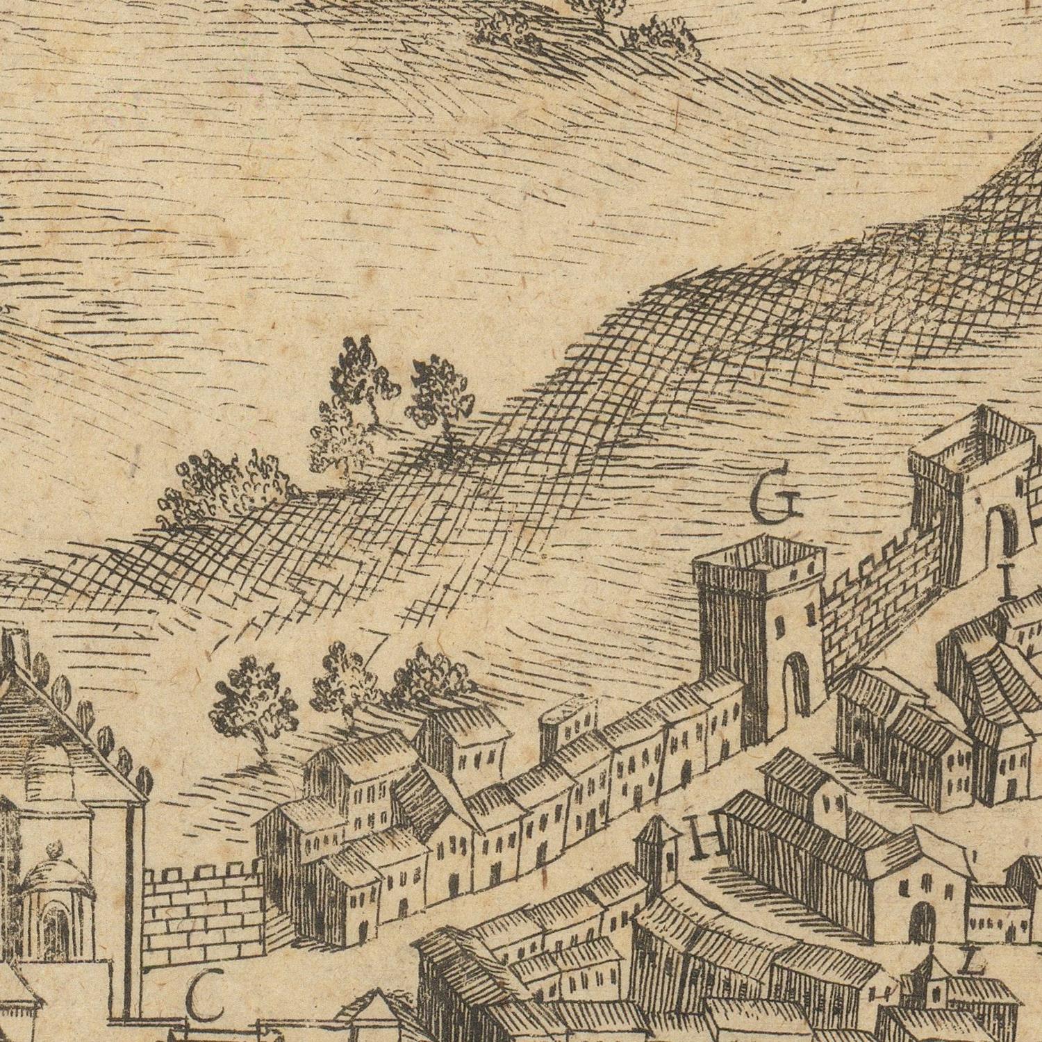 Vintage illustration of a town with buildings and a hill in the background