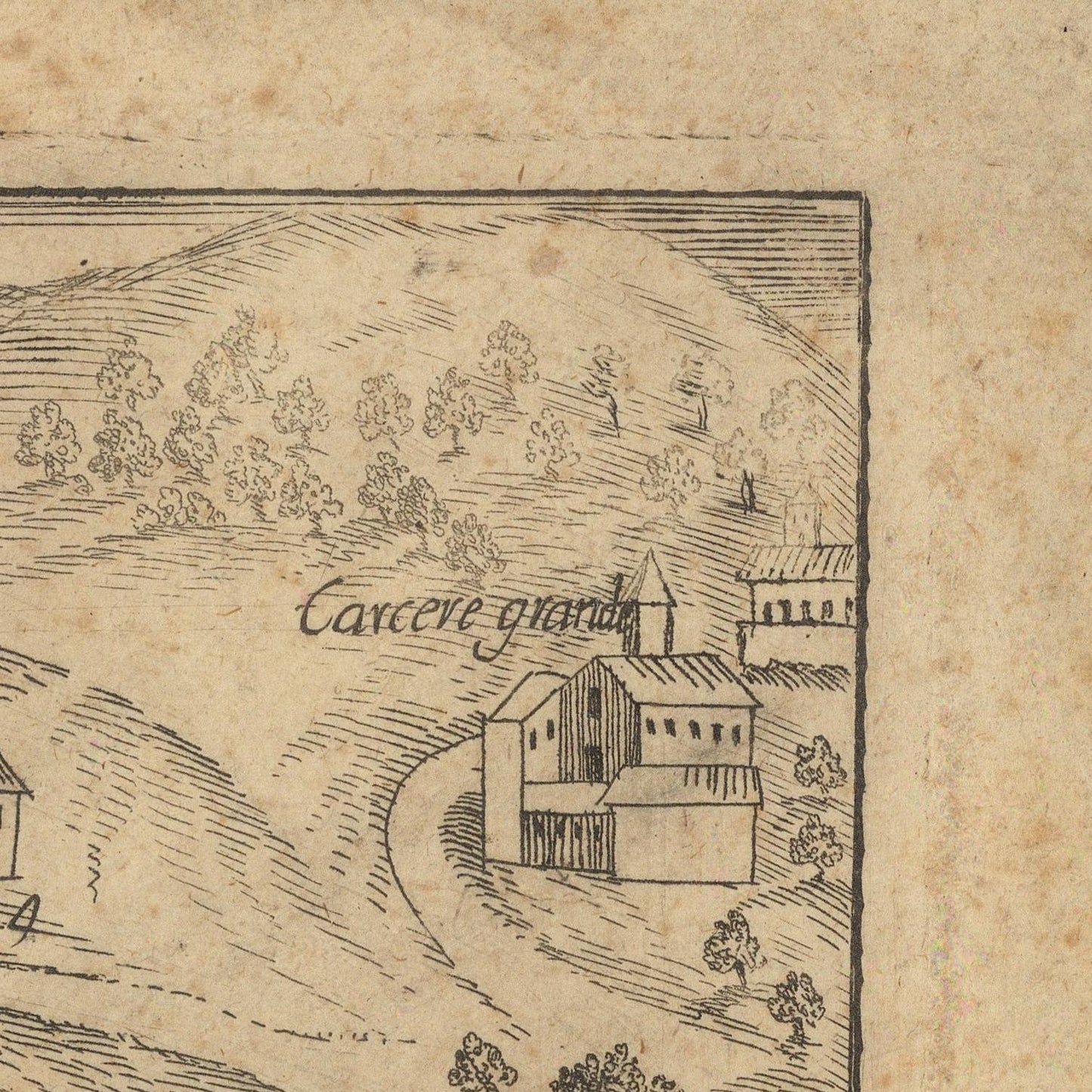 Vintage illustration of a landscape with buildings and trees on a textured beige background