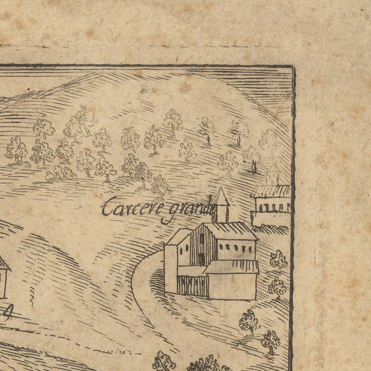 Vintage illustration of a landscape with buildings and trees on a textured beige background
