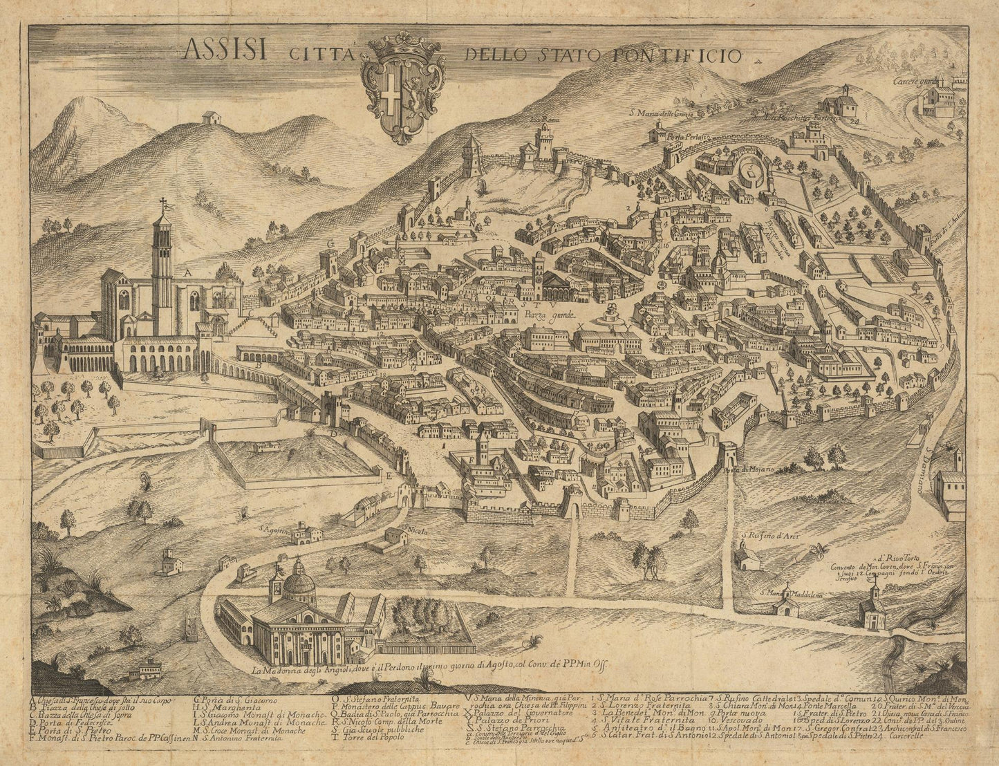 Vintage map of Assisi, Italy with topographic details and mountainous landscape.