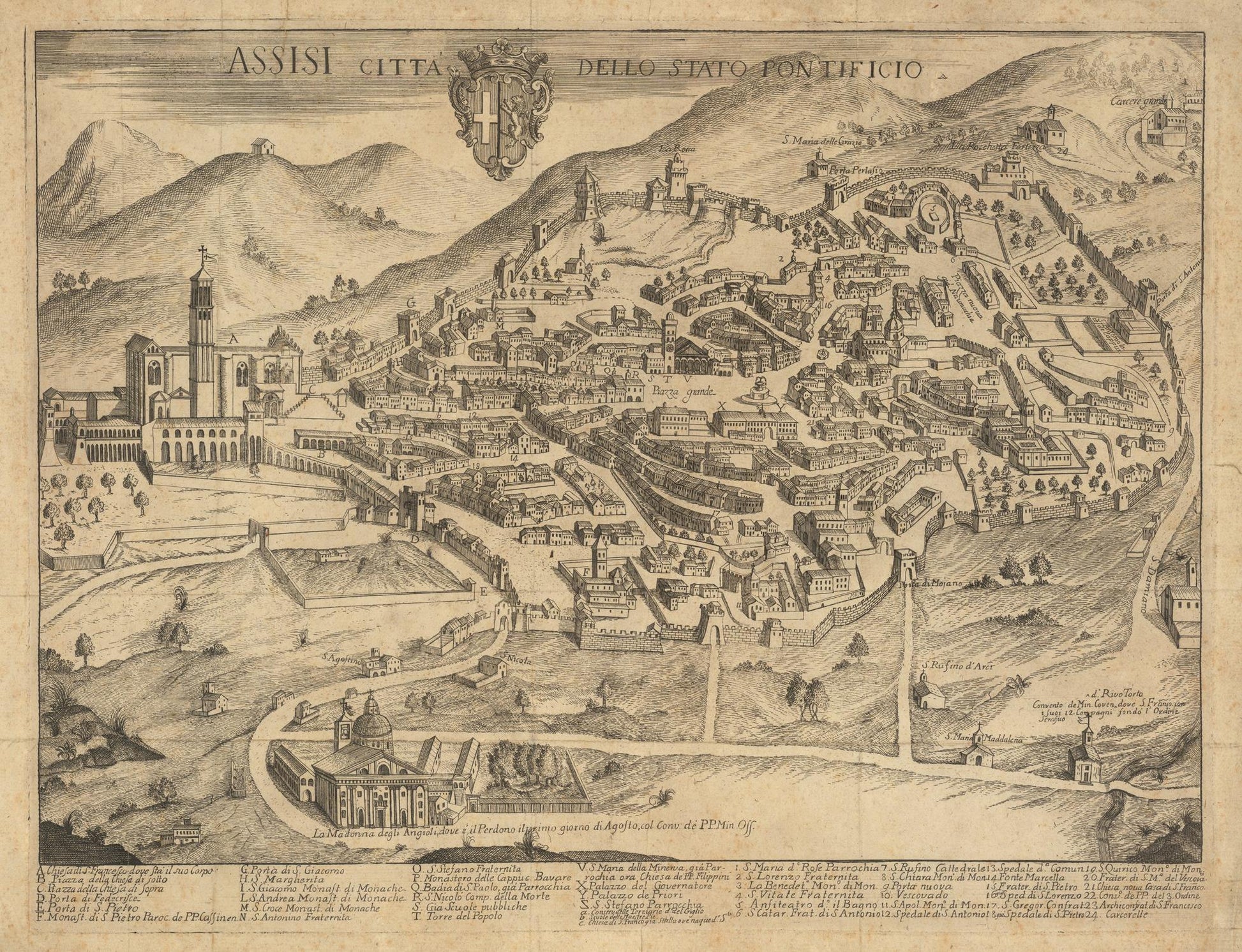Vintage map of Assisi, Italy with topographic details and mountainous landscape.