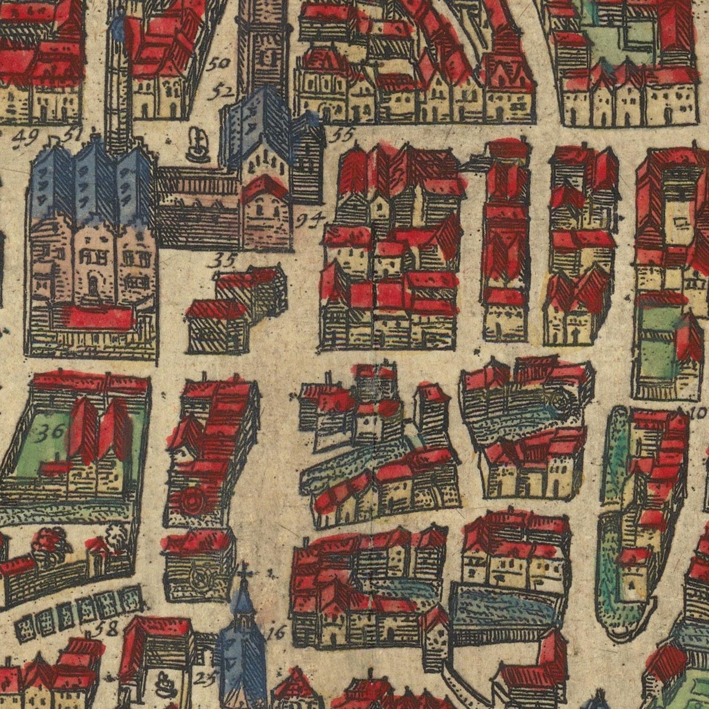 Vintage map with stylized buildings and red roofs