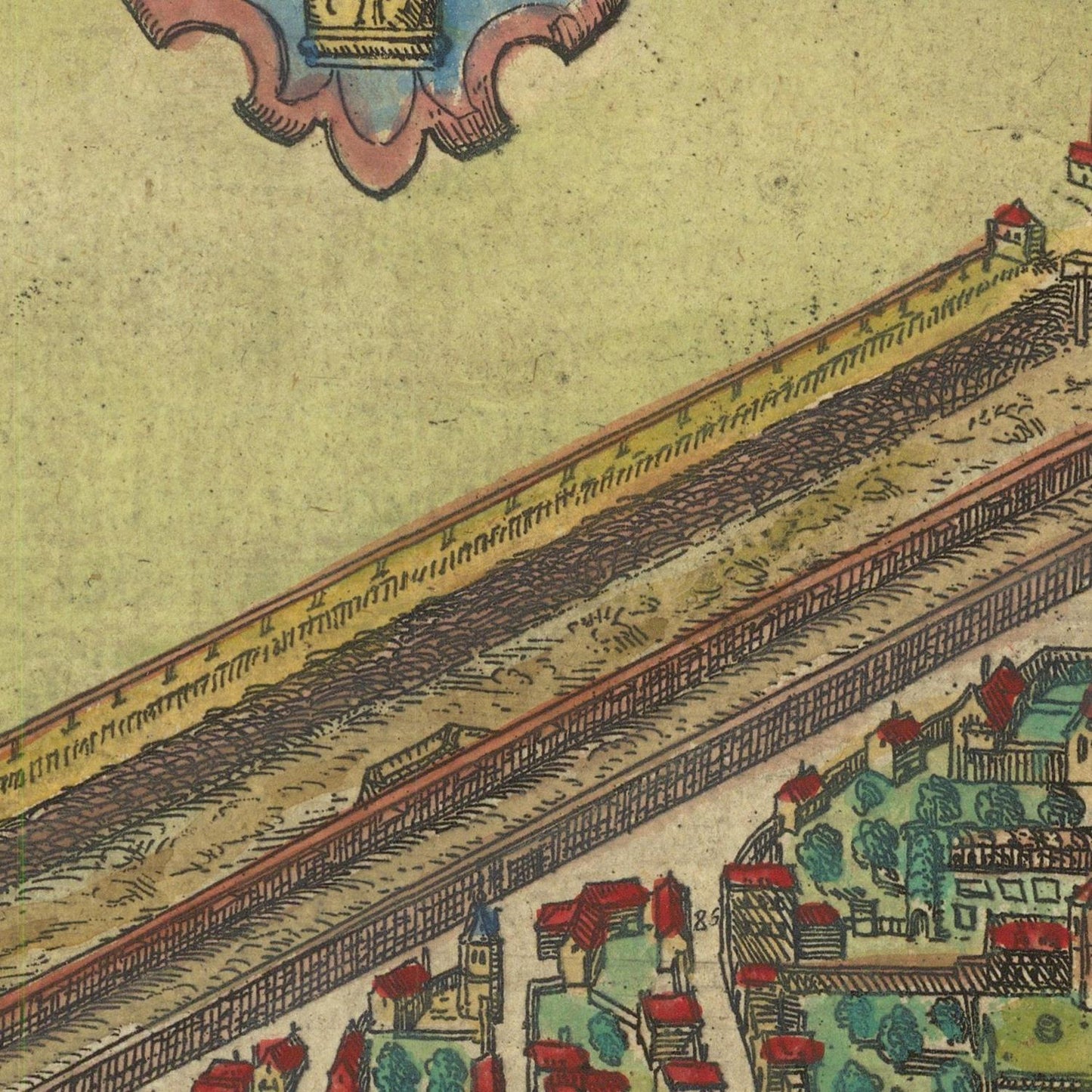 Vintage map detail showing a river with buildings and a clock at the top
