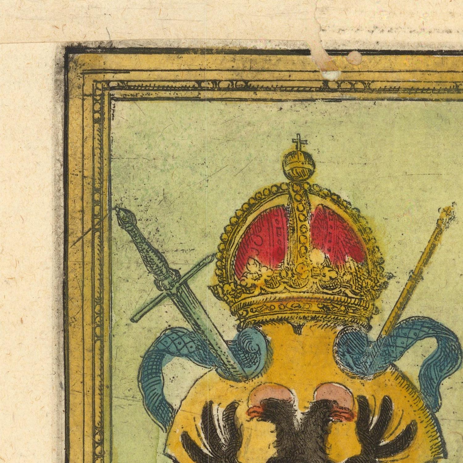  Heraldic emblem with a crown, sword, and shield on a textured background