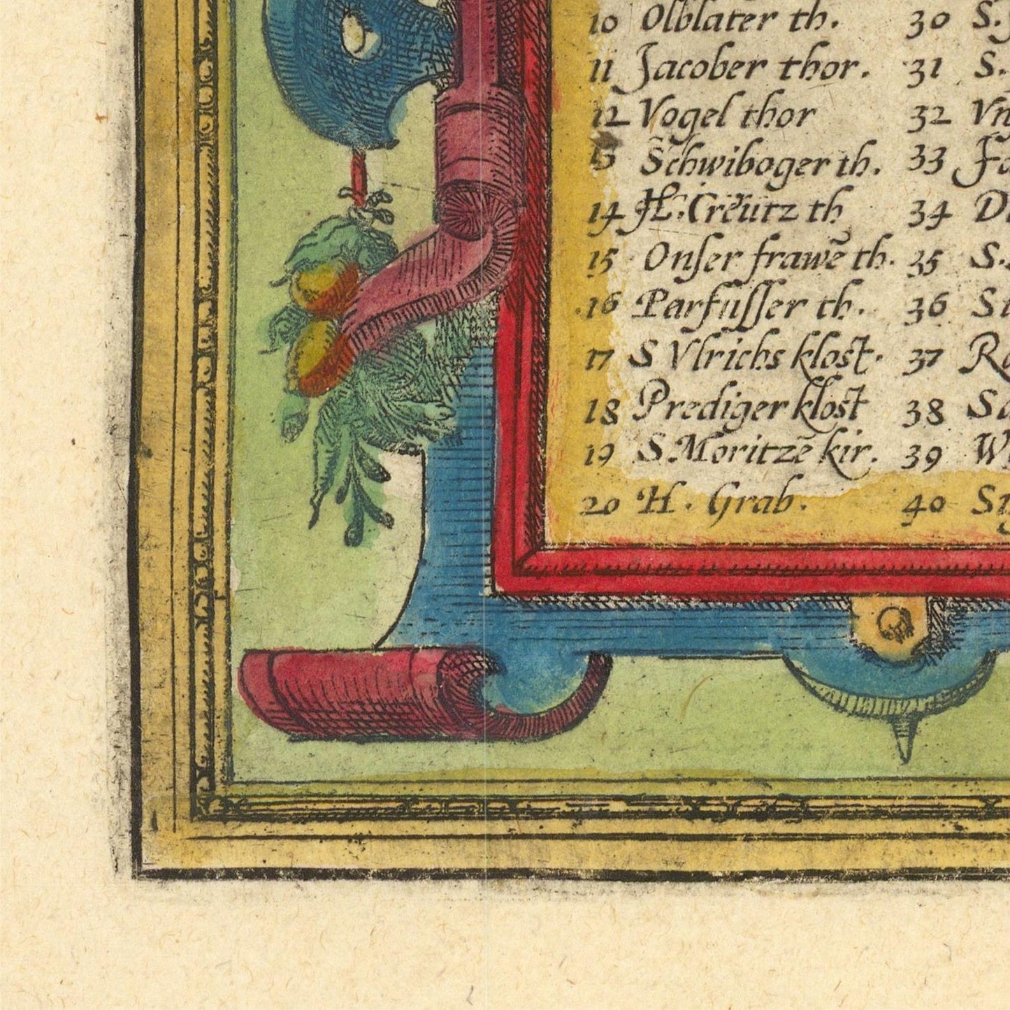 Decorative corner of a historical document with text and colorful embellishments