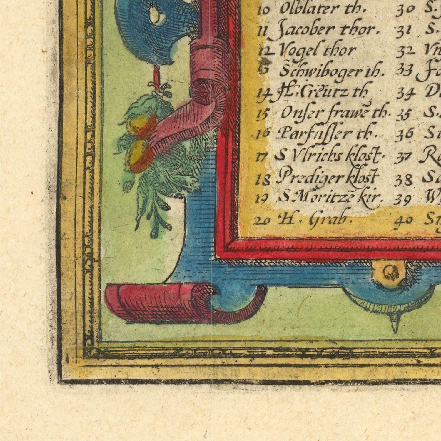 Decorative corner of a historical document with text and colorful embellishments