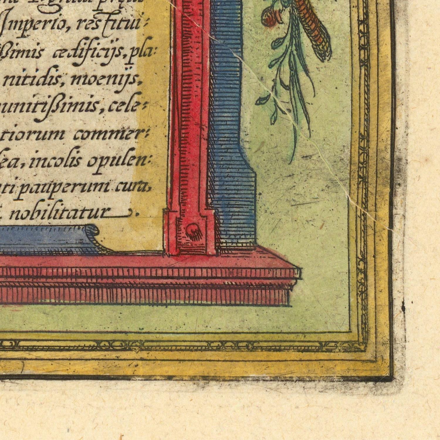 Decorative corner of a historical document with architectural elements and text.