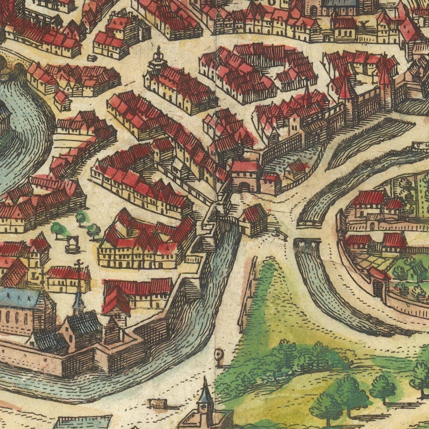 Vintage map of a town with buildings and waterways