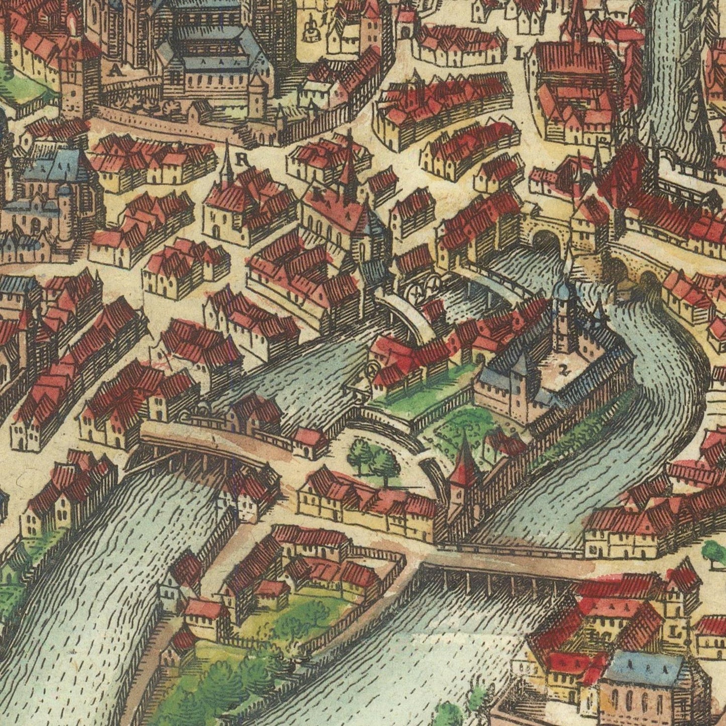 Vintage map of a city with buildings and waterways