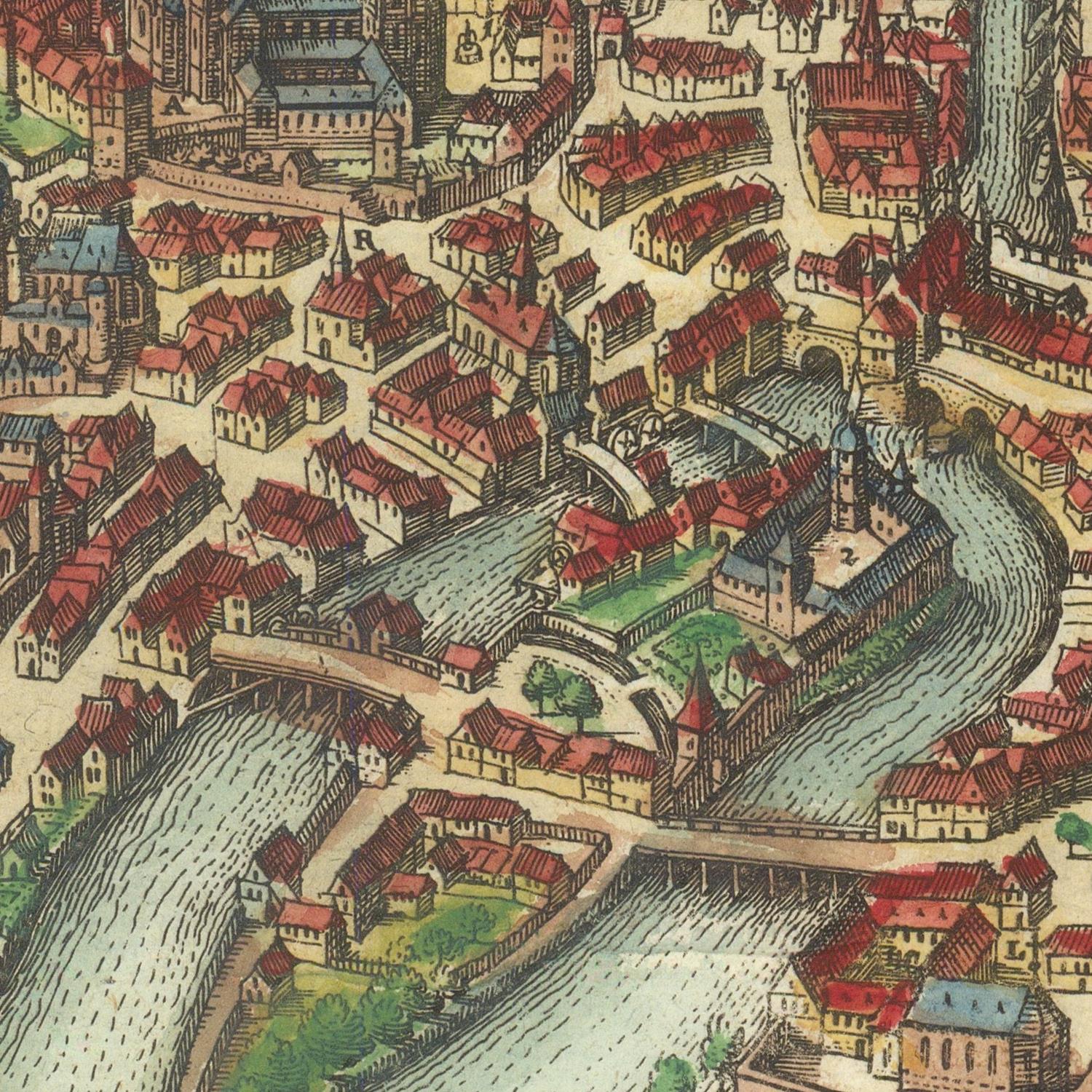 Vintage map of a city with buildings and waterways