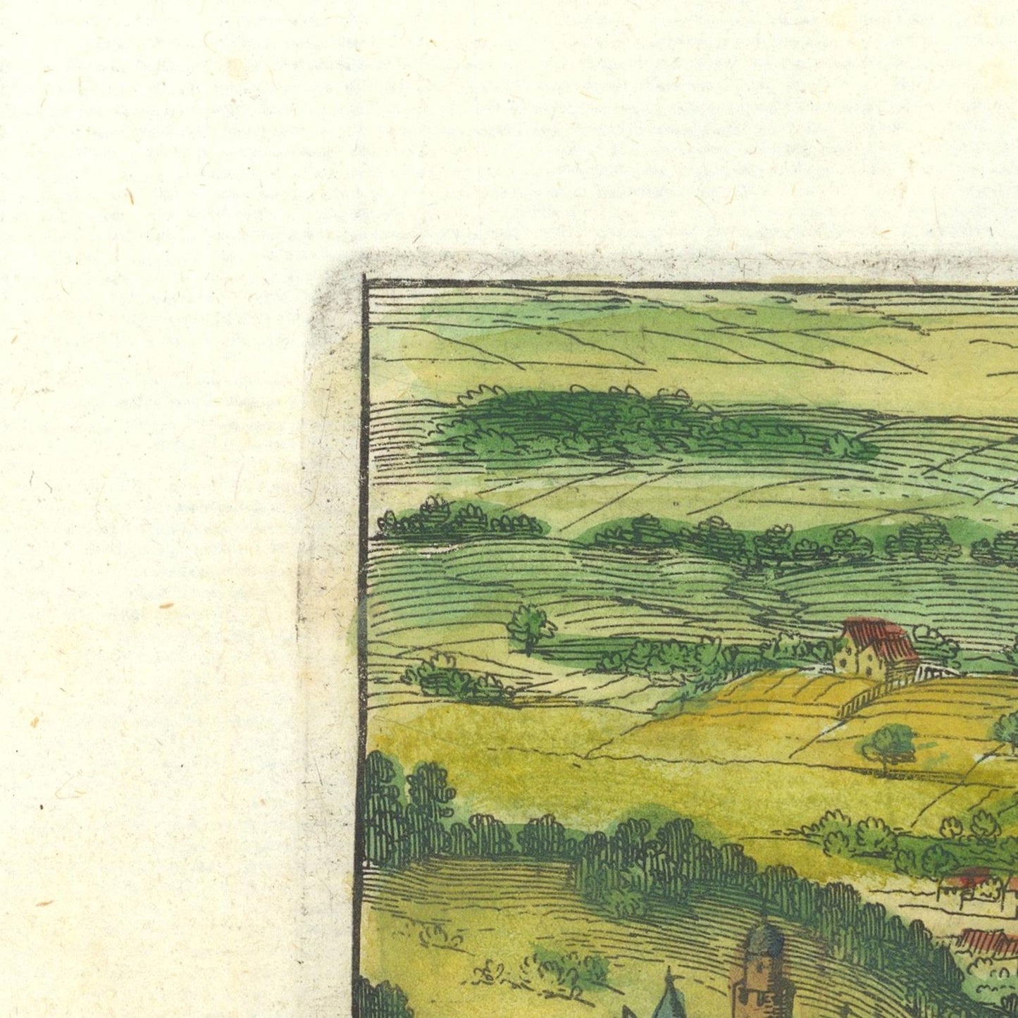 Vintage-style illustration of a landscape with green fields and trees on a beige background