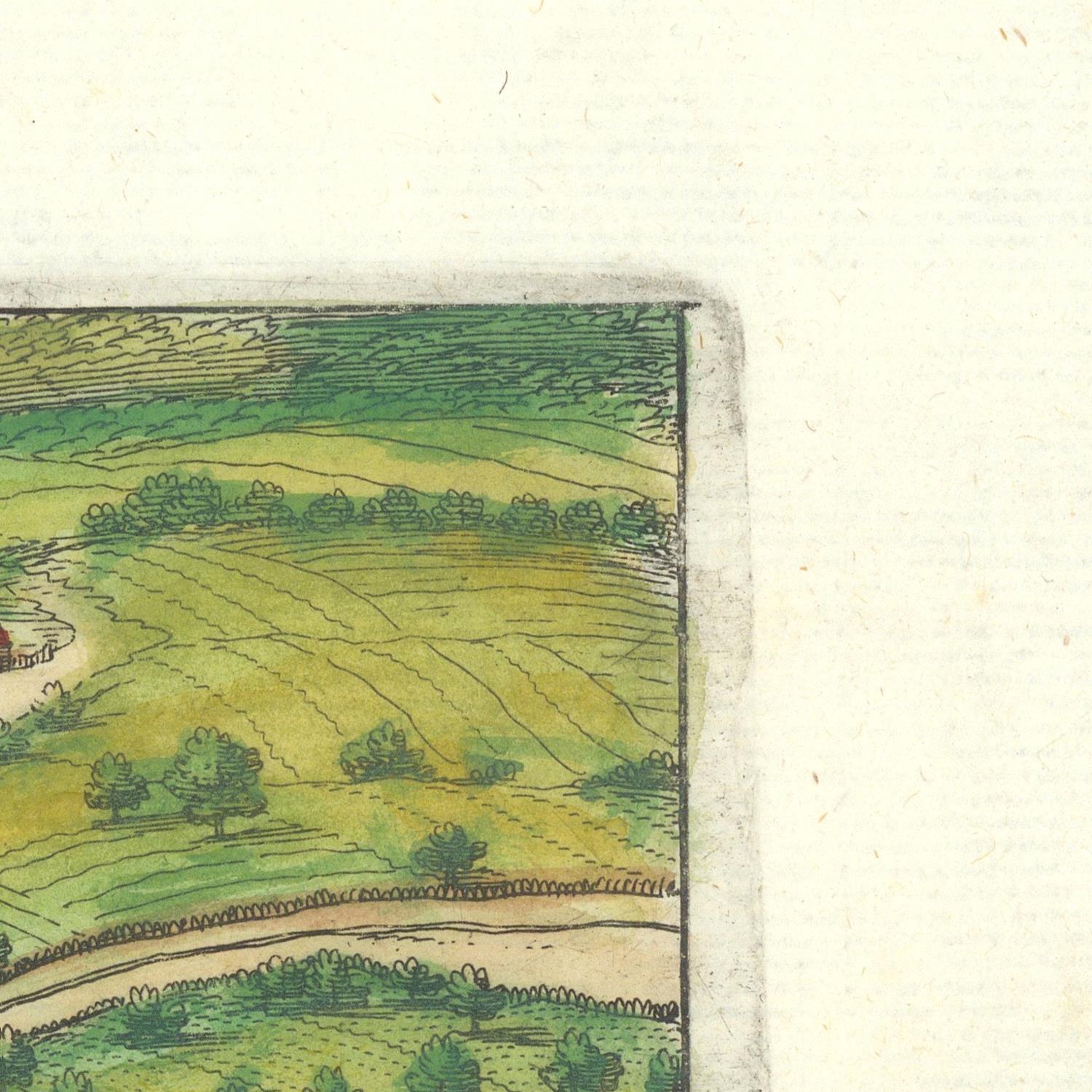 Vintage illustration of a landscape with green fields and trees on a textured paper background
