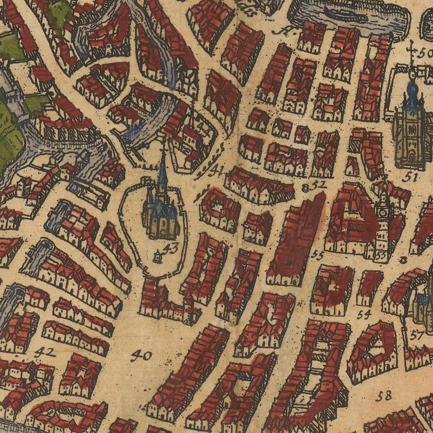 Vintage map of a city with red buildings and blue waterways