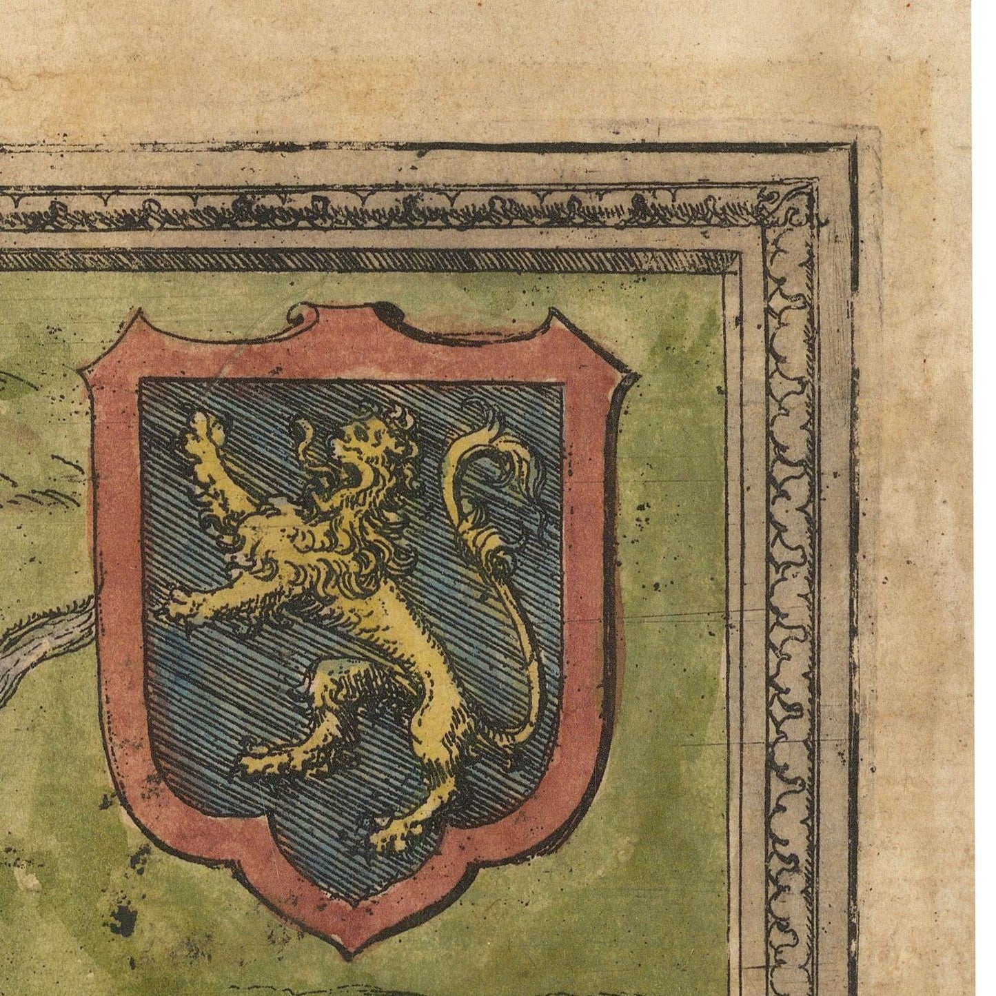 Coat of arms with a lion on a shield in the corner of an old document