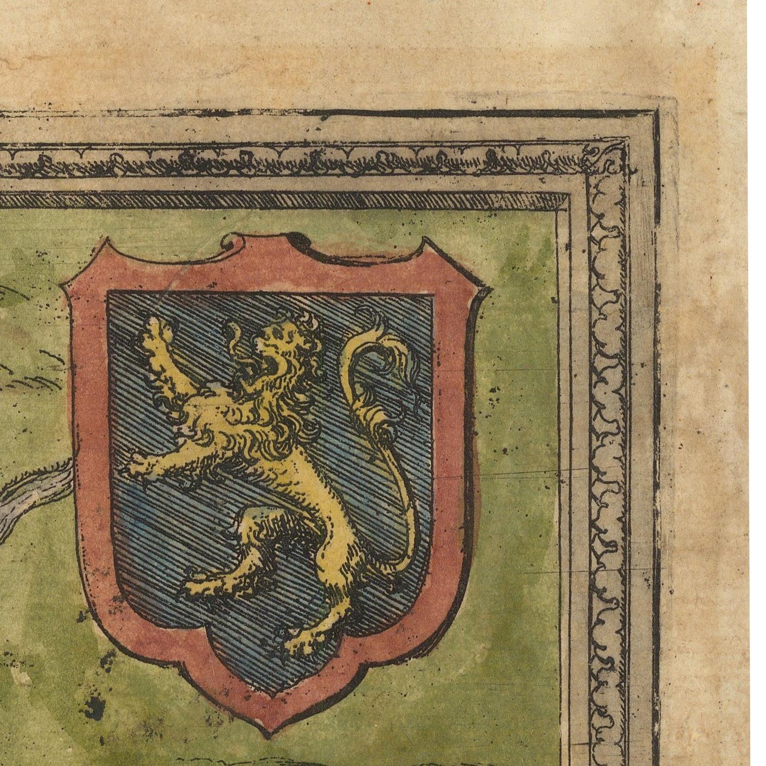 Coat of arms with a lion on a shield in the corner of an old document