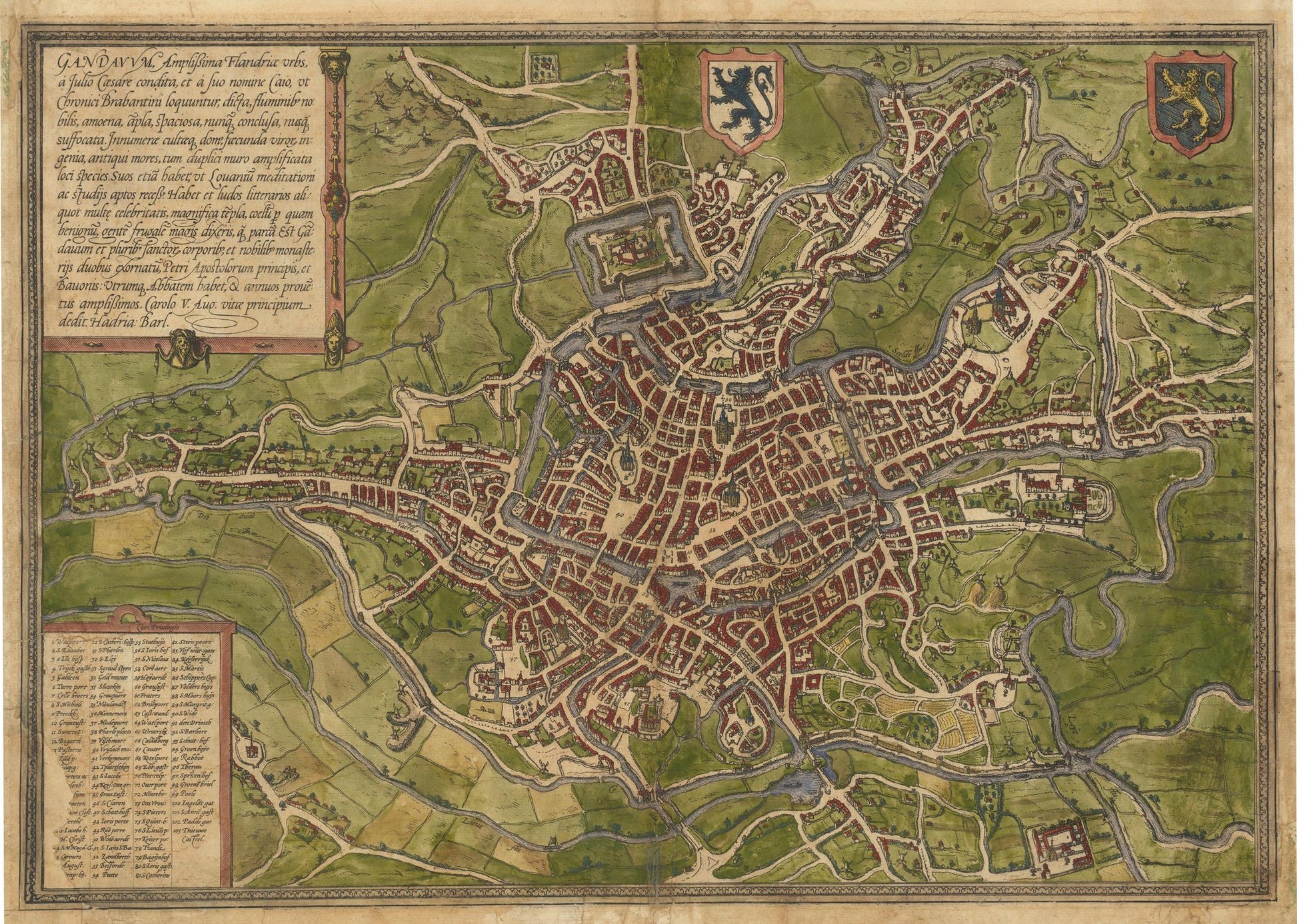 Vintage map of a city with surrounding areas, featuring text and coat of arms.
