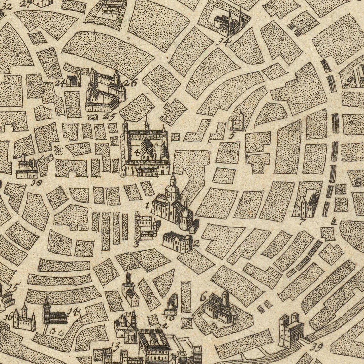 Vintage map of a city layout with buildings and streets
