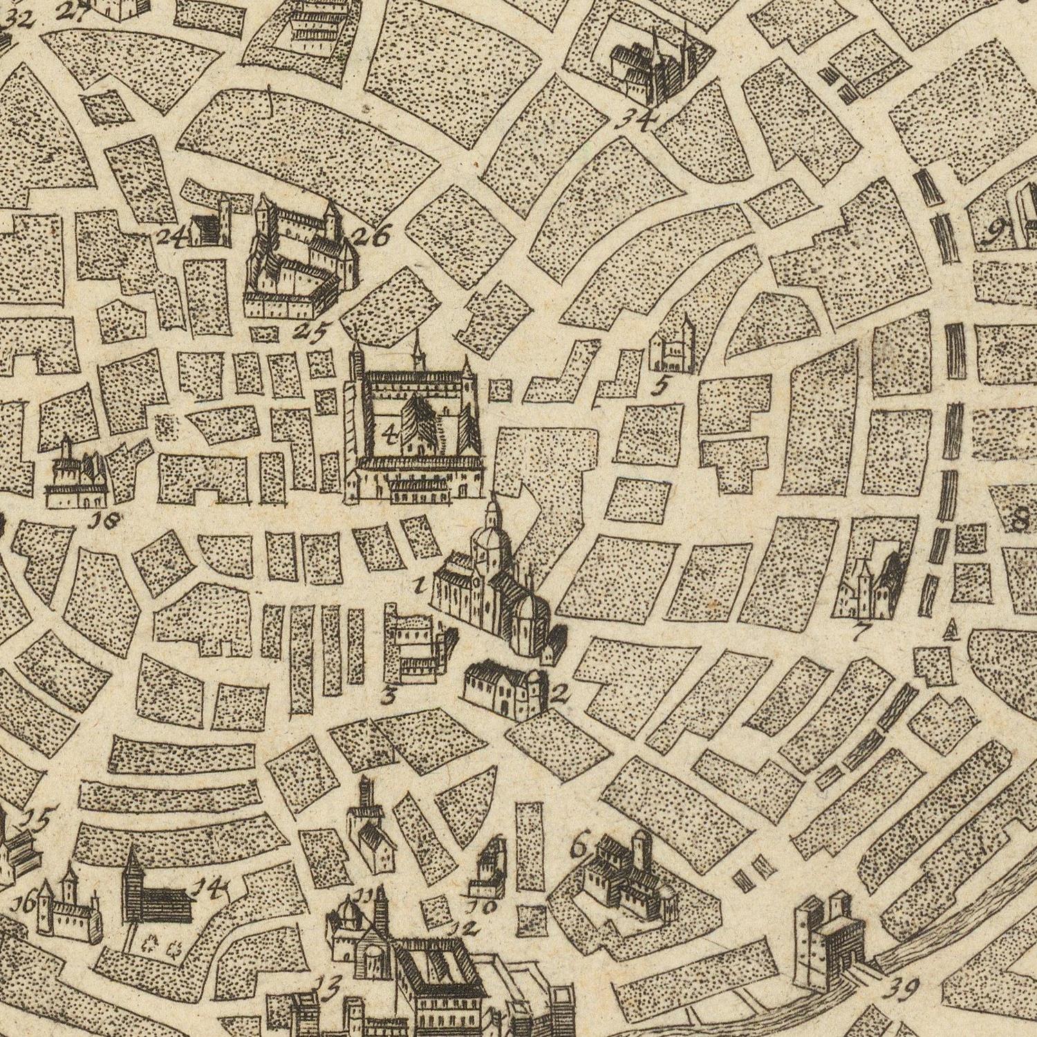 Vintage map of a city layout with buildings and streets