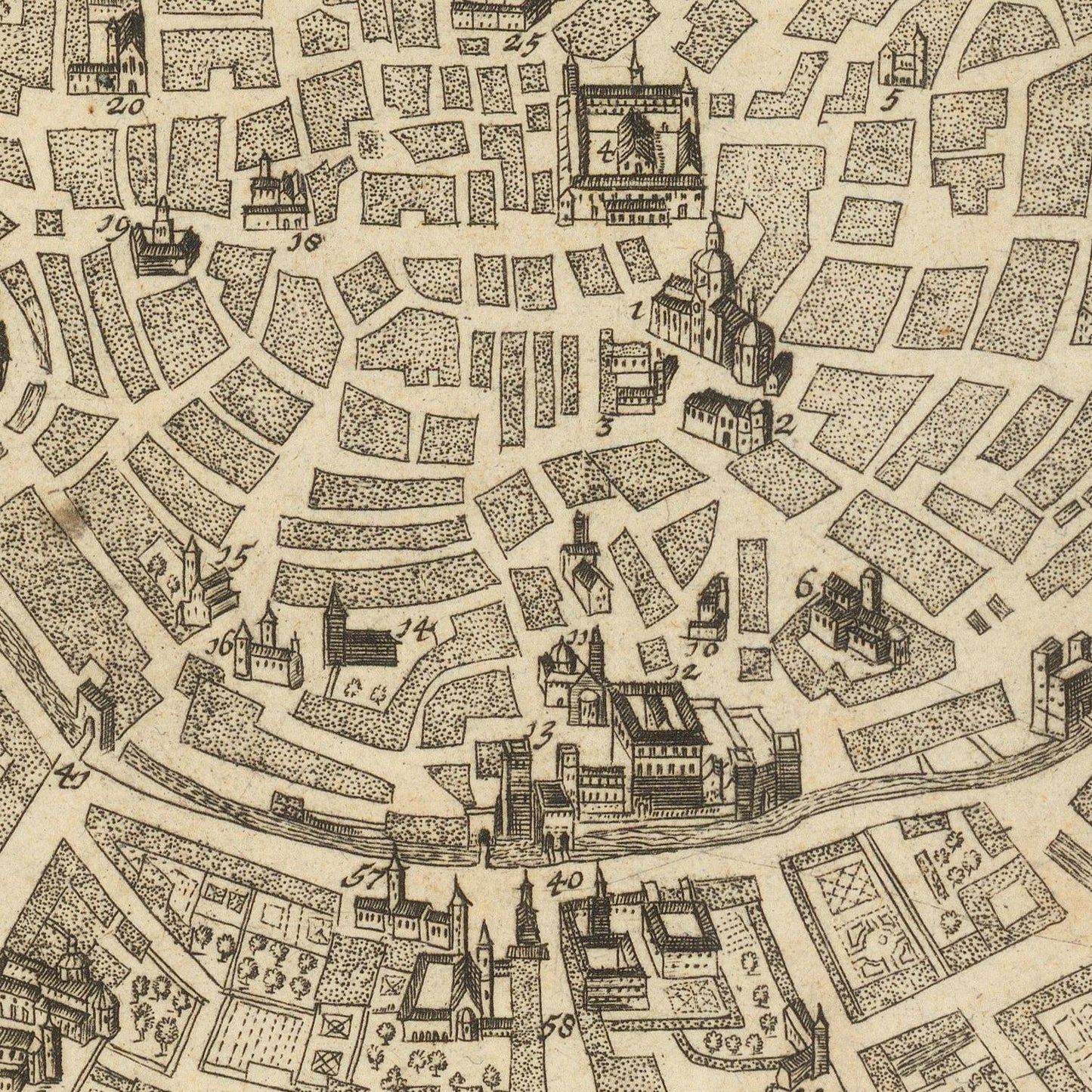 Vintage map of a city layout with buildings and streets
