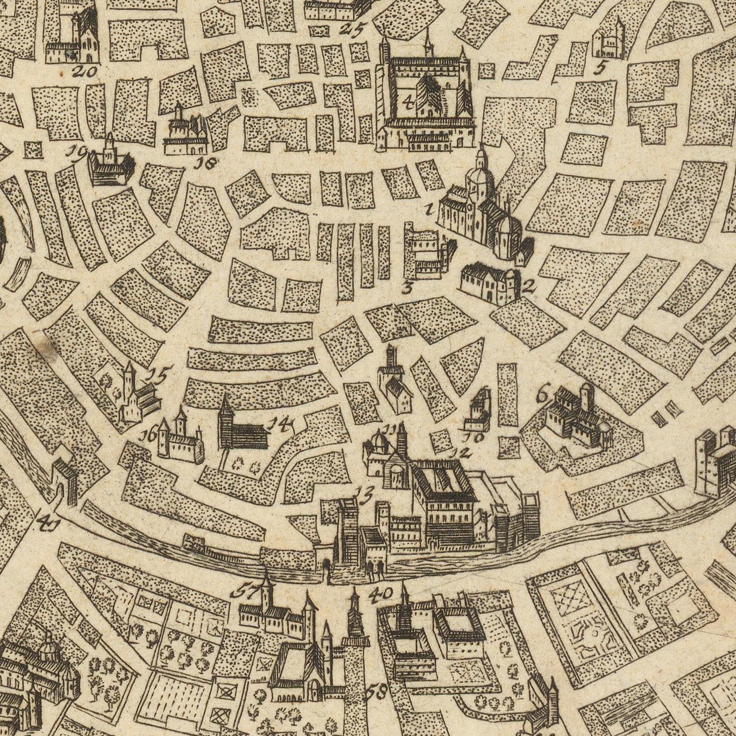 Vintage map of a city layout with buildings and streets