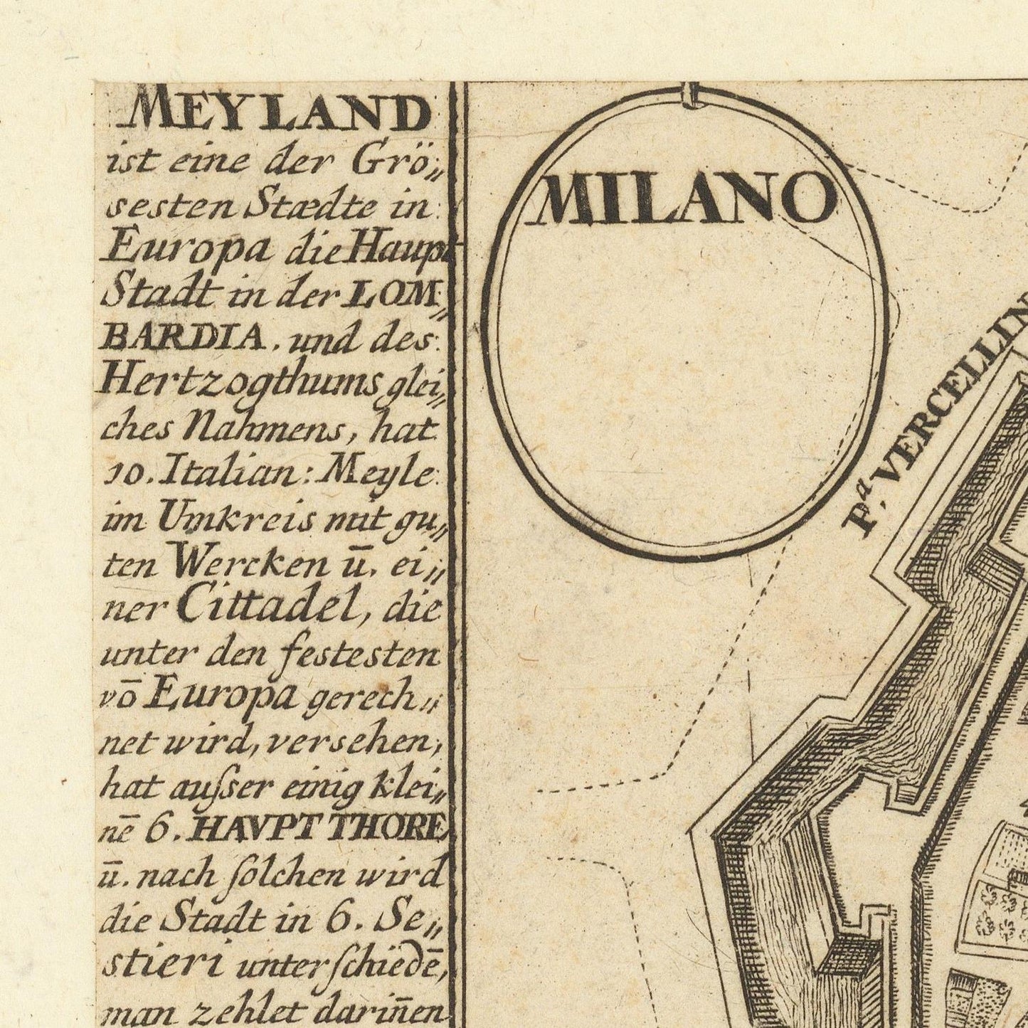 Vintage map detail with text about Milan, featuring Italian and German language.