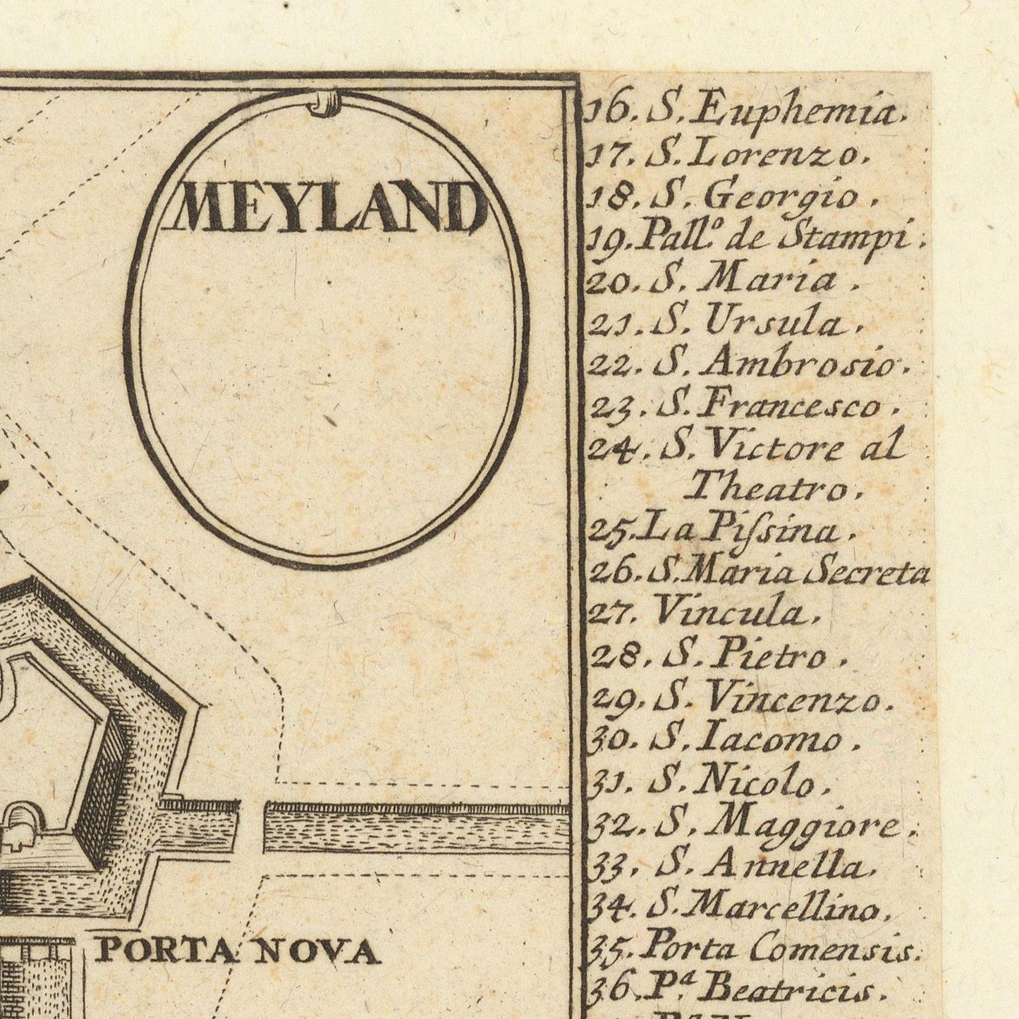 Vintage map detail with 'Meyland' and street names on a beige background
