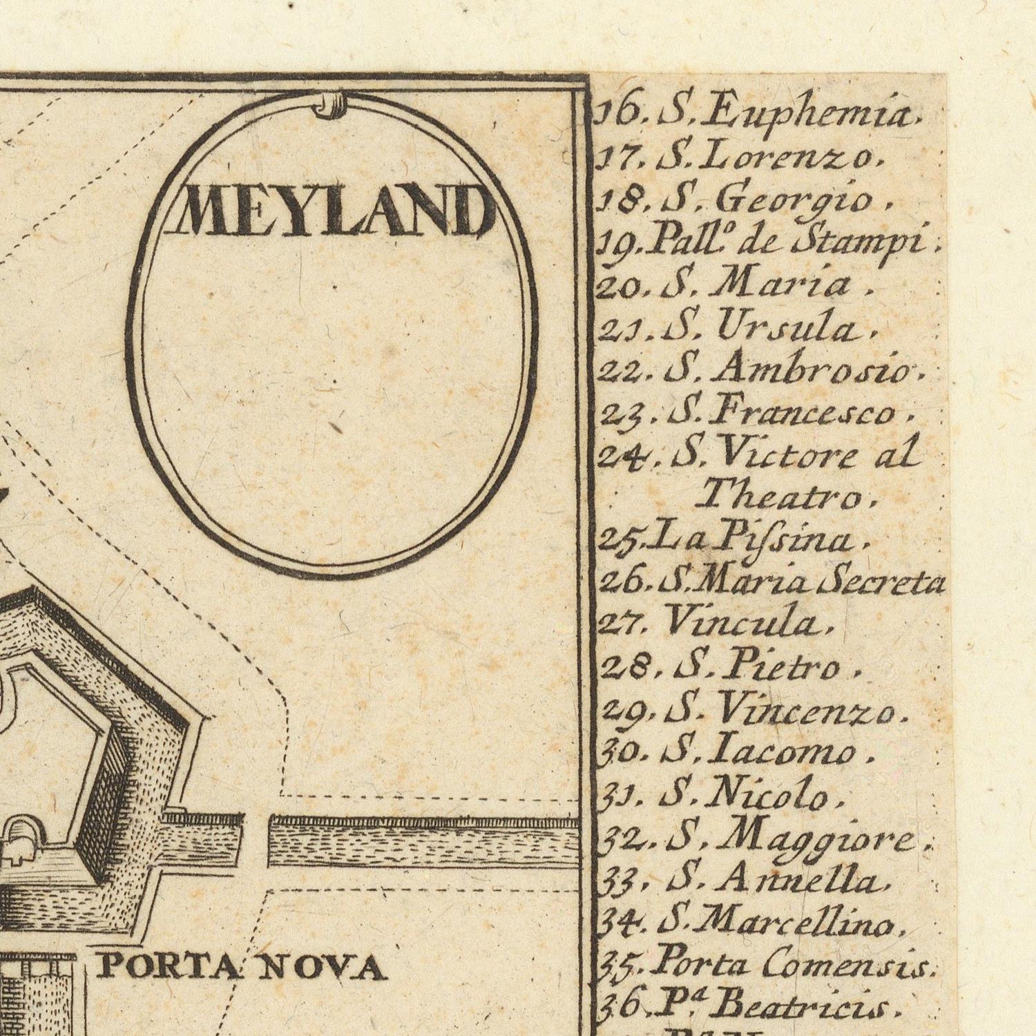 Vintage map detail with 'Meyland' and street names on a beige background