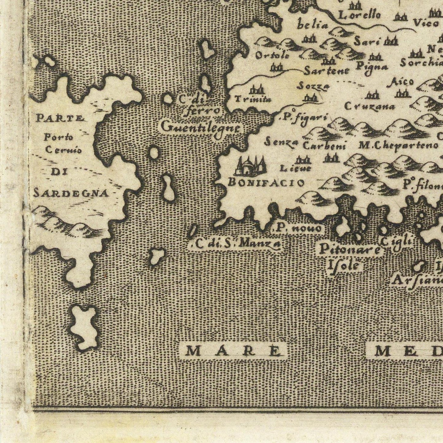 Vintage map of Sardinia with island names and coastal towns.