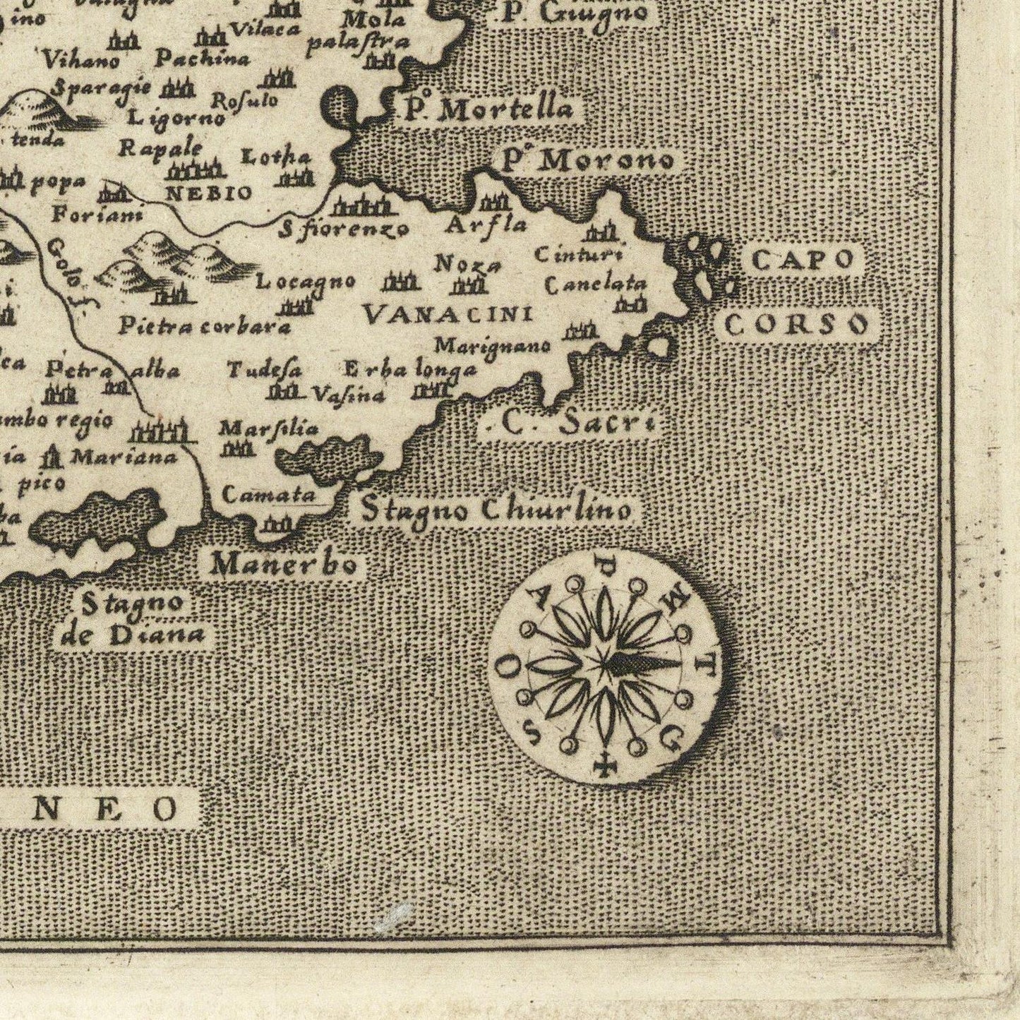 Vintage map of a coastal region with labels and a compass rose.