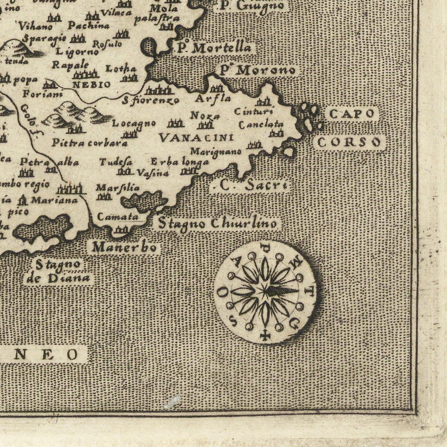 Vintage map of a coastal region with labels and a compass rose.