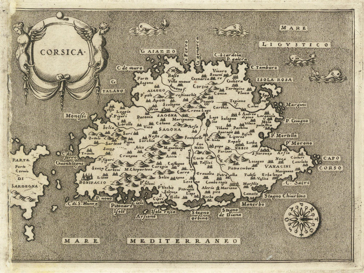 Vintage map of Corsica with labels and decorative elements.