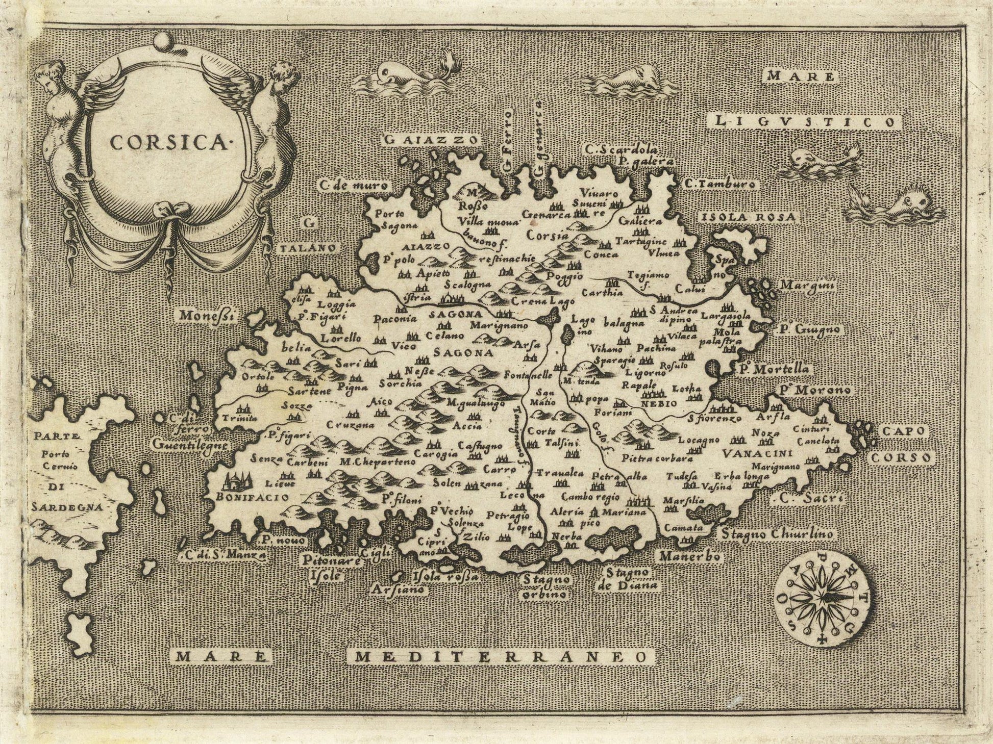 Vintage map of Corsica with labels and decorative elements.