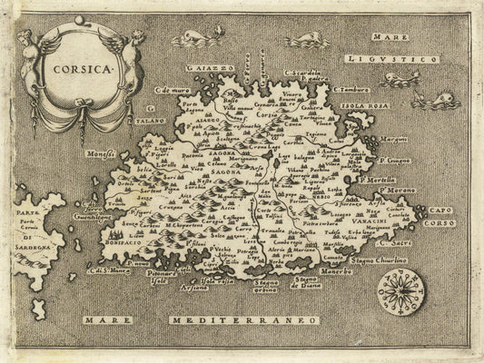 Vintage map of Corsica with labels and decorative elements.