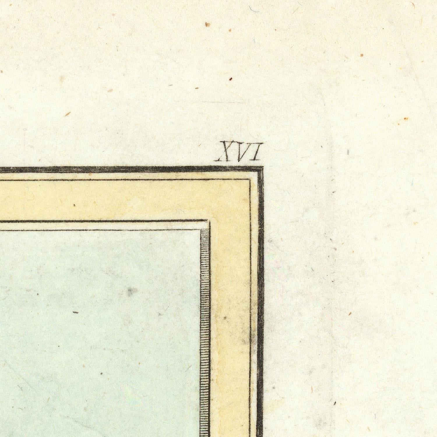 Corner of a vintage book with a decorative border and the number XVI.
