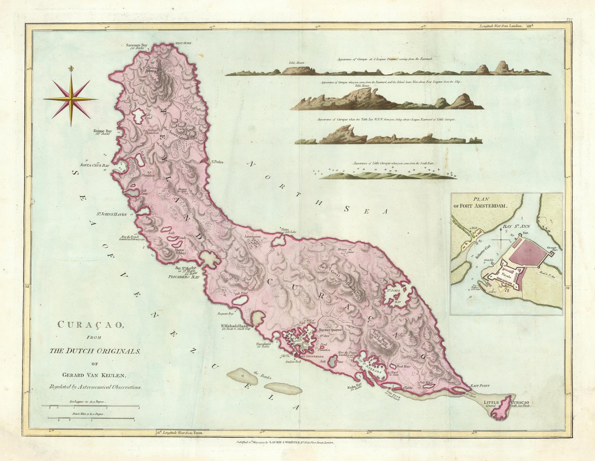 Vintage map of Curacao with topographic details